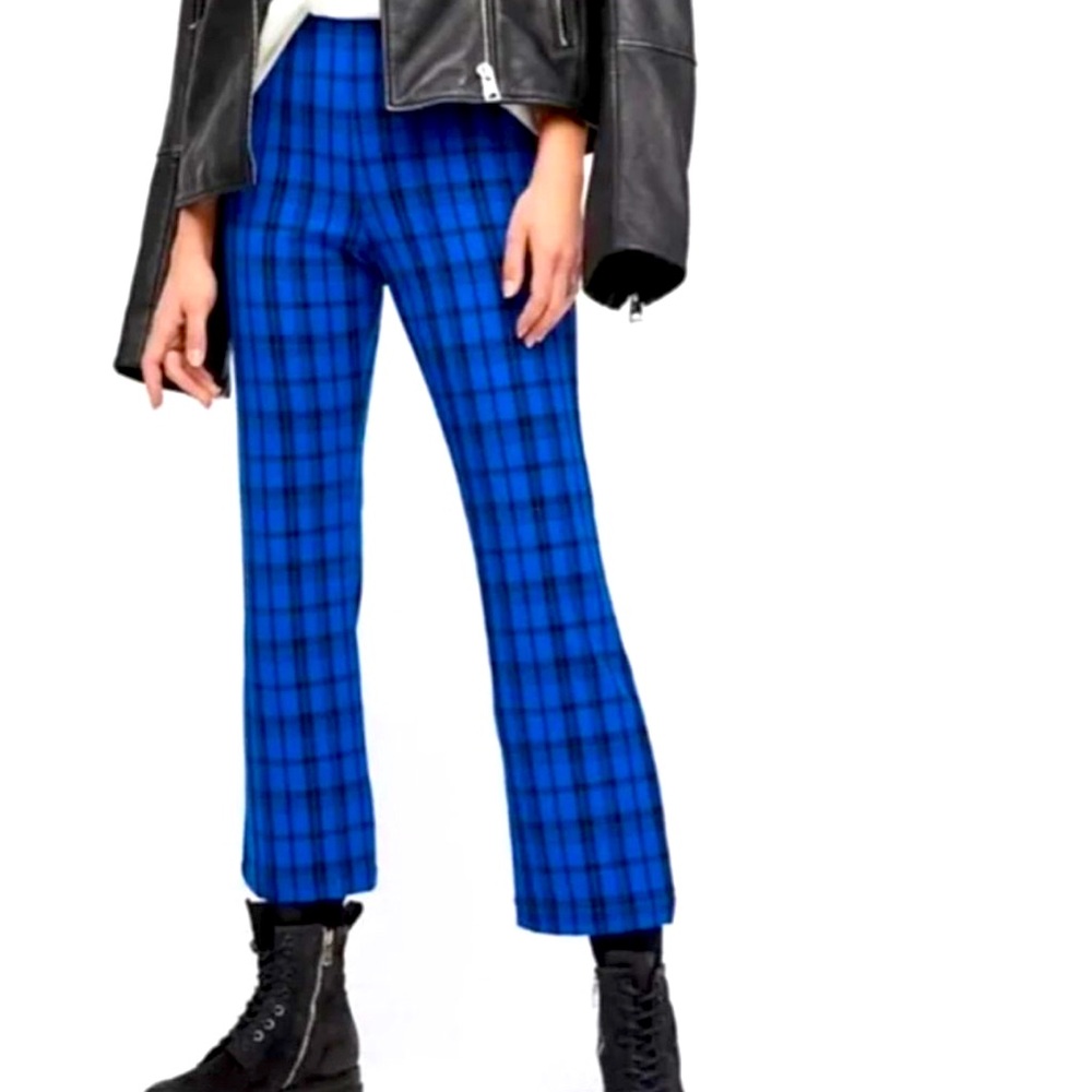 Free People Kick Flare Blue Plaid High Rise Pant